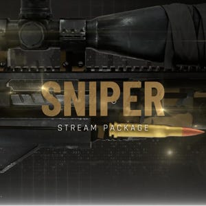 May include: Close-up of a sniper rifle with a scope, featuring the word "SNIPER" in gold lettering. Below, the text reads "STREAM PACKAGE." A golden bullet with a red tip is also visible.