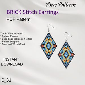 May include: A pair of diamond-shaped brick stitch earrings in blue, yellow, orange, and black. The earrings are shown on a white background with the text "BRICK Stitch Earrings PDF Pattern" and "INSTANT DOWNLOAD".