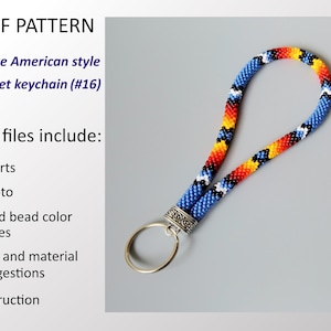 May include: A Native American style beaded wristlet keychain with a silver key ring. The keychain is blue, red, yellow, black, and white. The pattern is geometric and includes a variety of colours.
