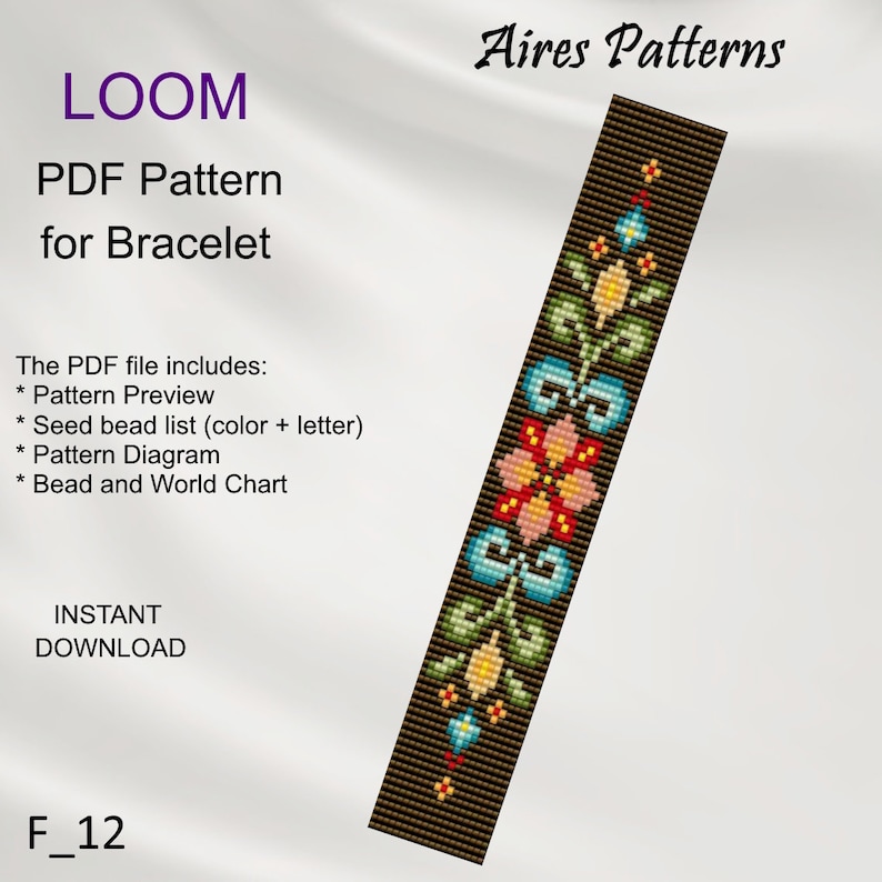 May include: A colorful beaded bracelet pattern with a floral design. The pattern is for loom beading and includes a preview, bead list, diagram, and bead and world chart. The pattern is called "F_12" and is available for instant download.