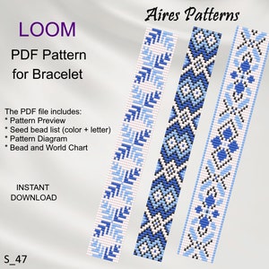 Puede incluir: Tres patrones de tejido de cuentas para pulseras en azul, blanco y negro. Los patrones se llaman "Aires Patterns" y están disponibles para descarga instantánea. El archivo PDF incluye una vista previa del patrón, una lista de cuentas de semillas, un diagrama de patrón y un gráfico de cuentas y del mundo.