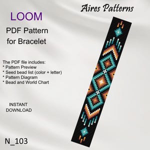 May include: A black beaded bracelet pattern with turquoise, orange, and white geometric designs. The image includes text that reads "LOOM PDF Pattern for Bracelet" and "Aires Patterns". The pattern includes a seed bead list, pattern diagram, and bead chart.