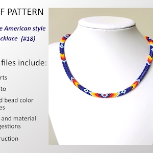 May include: A PDF pattern for a Native American style necklace. The necklace is made of blue, red, yellow, and white seed beads. The pattern includes charts, a photo, seed bead color codes, tool and material suggestions, and instructions.