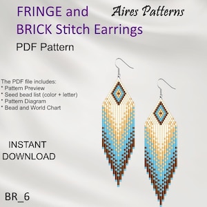 May include: Two beaded fringe earrings with a diamond-shaped top and a long, rectangular fringe. The earrings feature a pattern of white, tan, blue, and brown beads. The image also includes text that reads "FRINGE and BRICK Stitch Earrings PDF Pattern."