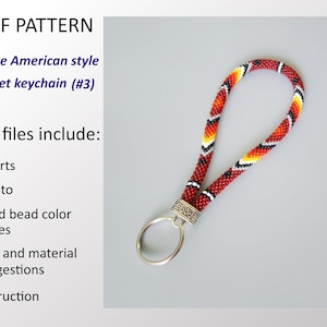 May include: A red, black, white and yellow beaded wristlet keychain with a silver key ring. The keychain is in the Native American style. PDF files include charts, photos, seed bead colour codes, tool and material suggestions, and instructions.
