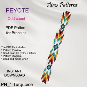 Pode incluir: Um padrão de pulseira de contas em ponto peyote com um esquema de cores turquesa, branco, laranja, amarelo e vermelho. O padrão é para uma pulseira e inclui uma lista de contas de sementes, um diagrama de padrão e um gráfico de contas e mundo. O padrão está disponível para download instantâneo. O texto "PN_1 Turquoise" e "Aires Patterns" também é visível.