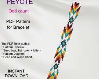 PEYOTEネイティブアメリカン風PDFパターンブレスレット、奇数カウント、ビーズの即時ダウンロードPN_1ターコイズ