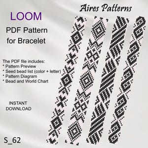 以下が含まれることがあります： ブレスレット用の白黒ビーズパターンが4つあり、「Aires Patterns」というラベルが付けられています。PDFファイルには、パターンのプレビュー、シードビーズリスト、パターン図、ビーズと世界のチャートが含まれています。「LOOM PDF Pattern for Bracelet」と「INSTANT DOWNLOAD」のテキストも表示されています。「S_62」のテキストは画像の下部に表示されています。
