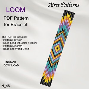 Puede incluir: Aires Patterns LOOM Patrón PDF para Pulsera. El archivo PDF incluye: Vista previa del patrón, Lista de cuentas de siembra (color + letra), Diagrama del patrón, Gráfico de cuentas y del mundo. Descarga instantánea. N_48. Un patrón de pulsera de cuentas colorido con un diseño geométrico.