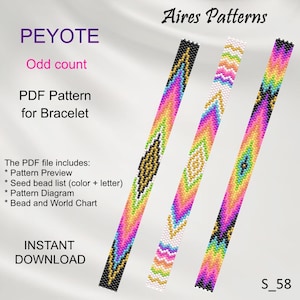 May include: Three colorful peyote stitch beading patterns for bracelets. The patterns are in a rainbow color scheme with black and gold accents. The text "Peyote Odd count" and "PDF Pattern for Bracelet" is at the top of the image. The text "Aires Patterns" is at the top right of the image. The text "S_58" is at the bottom right of the image.