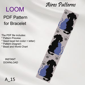 Peut inclure: Un patron PDF pour un bracelet de métier à tisser avec un motif répété de silhouettes de chats noirs et bleus. Le patron comprend un aperçu, une liste de perles, un diagramme de motif et un tableau de perles. Le texte "LOOM" et "Aires Patterns" sont également visibles.
