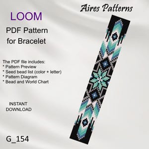 May include: A PDF pattern for a loom bracelet with a geometric design in black, teal, white, and grey. The pattern includes a preview, seed bead list, pattern diagram, and bead chart. The text reads "LOOM PDF Pattern for Bracelet" and "Aires Patterns."
