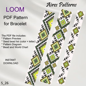 May include: A digital download PDF pattern for a loom bracelet with a geometric design in green, yellow, and black. The pattern includes a preview, seed bead list, diagram, and bead and world chart.  Aires Patterns.