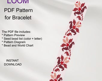 Patrón de pulsera de cuentas Floral LOOM: Miyuki Delica PDF (Descarga instantánea F_45)
