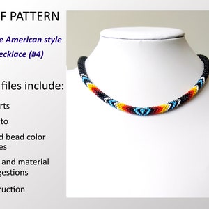 May include: A Native American style beaded necklace with a geometric pattern in black, red, yellow, white, and blue. The necklace is on a white mannequin bust.