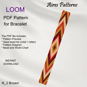 May include: A loom beading pattern for a bracelet with a geometric design in shades of red, orange, yellow, and brown. The pattern includes a preview, bead list, diagram, and bead and world chart. The pattern is called "N_2 Brown" and is available for instant download.