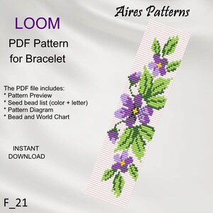May include: A PDF pattern for a bracelet design, with a floral pattern in purple, green, and yellow. The design is shown on a light pink background. The text "LOOM PDF Pattern for Bracelet" is visible, along with "Aires Patterns" and "INSTANT DOWNLOAD".