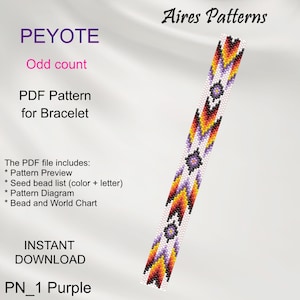 May include: A beaded bracelet pattern in purple, orange, yellow, and white. The pattern is called "PN_1 Purple" and is a peyote stitch pattern for a bracelet. The pattern includes a preview, bead list, diagram, and bead and world chart.