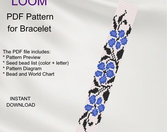 PDF Bead loom bracelet blue flower pattern, Miyuki Delica PDF Pattern, Beading instant download F_11