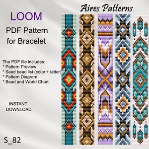 Può includere: Un modello PDF digitale per braccialetti con telaio. L'immagine mostra cinque modelli di braccialetti colorati con motivi geometrici in turchese, marrone, viola e blu. Il testo include "LOOM", "PDF Pattern for Bracelet" e "Instant Download".