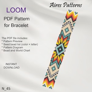 Puede incluir: Un patrón de pulsera de cuentas de colores para tejer en telar. El patrón incluye una vista previa, una lista de cuentas, un diagrama y un gráfico de cuentas y del mundo. El patrón se llama "N_45" y está disponible para descarga instantánea.  Aires Patterns.