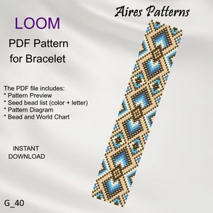 May include: A loom beading pattern for a bracelet with a geometric design in shades of brown, blue, and white. The pattern is called "G_40" and is available as an instant download.