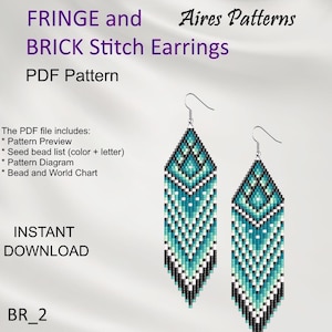 Peut inclure: Un patron PDF numérique pour des boucles d'oreilles Fringe et Brick Stitch. Les boucles d'oreilles sont en forme de losange avec un motif géométrique turquoise, blanc et noir. Le patron comprend un aperçu, une liste de perles, un diagramme et un tableau. Le texte de l'image indique "TÉLÉCHARGEMENT INSTANTANÉ".
