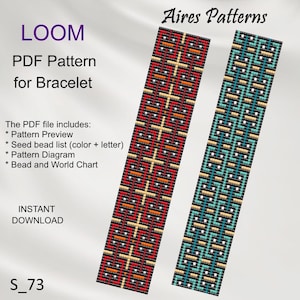 Peut inclure: Un patron PDF pour un bracelet. Le design présente deux échantillons rectangulaires, un rouge et l'autre turquoise, avec des motifs géométriques. Le texte comprend "LOOM", "PDF Pattern for Bracelet" et "Aires Patterns". Le patron comprend une liste de perles, un diagramme.