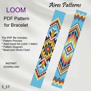May include: A PDF pattern for a loom-beaded bracelet with a geometric design in shades of blue, yellow, orange, red, white, and black. The pattern includes a preview, bead list, diagram, and bead and world chart.  The text "LOOM PDF Pattern for Bracelet" and "Aires Patterns" is visible in the image.