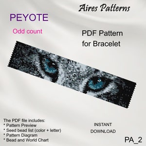 Cat eyes Peyote PDF pattern for bracelet, Odd Count, animal pattern Beading instant download PA_2