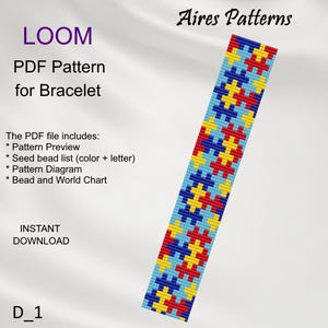 May include: A PDF pattern for a bracelet design. The design features a repeating pattern of red, yellow, and blue shapes on a light blue background. The text "LOOM PDF Pattern for Bracelet" is visible.