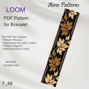 Puede incluir: Un patrón de pulsera de cuentas negras y doradas con un diseño de hojas. La imagen incluye el texto "LOOM PDF Pattern for Bracelet" y "Aires Patterns". El archivo PDF incluye una vista previa del patrón, una lista de cuentas, un diagrama de patrón y un gráfico de cuentas.