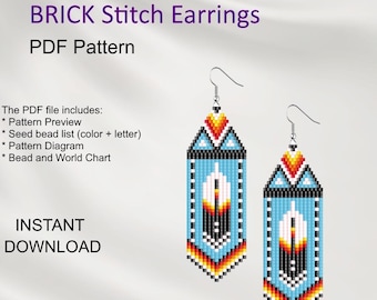 Pode incluir: Um padrão PDF para brincos Fringe e Brick Stitch. Os brincos são azuis, pretos, brancos, vermelhos e amarelos. O padrão inclui uma pré-visualização, lista de contas, diagrama e tabela. O texto na imagem diz "DOWNLOAD INSTANTÂNEO".