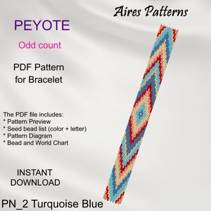 May include: A beaded bracelet pattern in peyote stitch with a turquoise, blue, red, and yellow color scheme. The pattern is for an odd count bracelet and includes a pattern preview, seed bead list, pattern diagram, and bead and world chart. The pattern is called "PN_2 Turquoise Blue" and is available for instant download.  Aires Patterns.