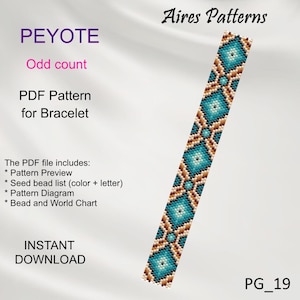 Può includere: Un modello PDF per braccialetto con un design Peyote a conteggio dispari. Il modello presenta un design geometrico nei toni del turchese, marrone e crema. Il PDF include un'anteprima del modello, un elenco di perline, un diagramma e una tabella delle perline.