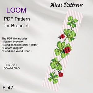 May include: A PDF pattern for a bracelet design. The design features green four-leaf clovers and red ladybugs on a white background. The text includes "LOOM", "PDF Pattern for Bracelet", and "Aires Patterns".