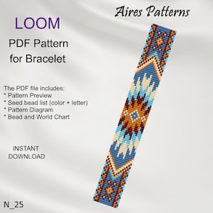 Può includere: Uno schema di perline per un braccialetto con un design geometrico in tonalità di blu, marrone, arancione e bianco. Lo schema include un'anteprima, un elenco di perline, un diagramma e un grafico di perline e del mondo. Il testo "LOOM PDF Pattern for Bracelet" e "Aires Patterns" è visibile nell'immagine.