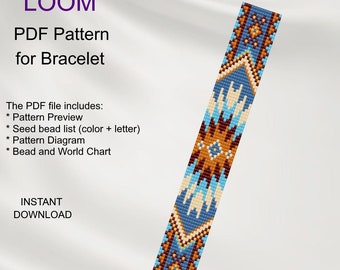 Peut inclure: Un motif de tissage de perles pour un bracelet avec un motif géométrique dans des tons de bleu, marron, orange et blanc. Le motif comprend un aperçu, une liste de perles, un diagramme et un tableau des perles et du monde. Le texte "LOOM PDF Pattern for Bracelet" et "Aires Patterns" est visible sur l'image.
