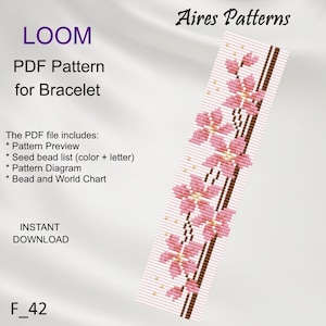 Könnte beinhalten: Ein PDF-Muster für ein Armband mit floralem Design. Das Muster enthält eine Vorschau, eine Samenperlenliste, ein Musterdiagramm und eine Perlenkarte. Das Design zeigt rosa Blüten auf weißem und braunem Hintergrund. Der Text "LOOM" und "Aires Patterns" sind sichtbar.