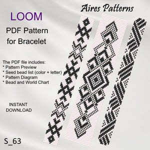 May include: Three black and white loom beading patterns for bracelets. The patterns are called "S_63" and are available as a PDF download from Aires Patterns.