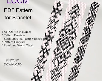 May include: Three black and white loom beading patterns for bracelets. The patterns are called "S_63" and are available as a PDF download from Aires Patterns.