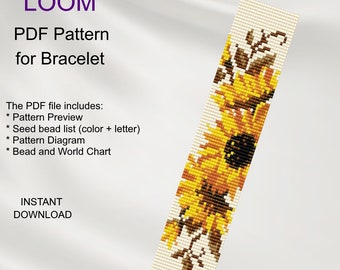 Sunflower PDF Bead loom bracelet yellow flower pattern, Miyuki Delica PDF Pattern, Beading instant download F_15