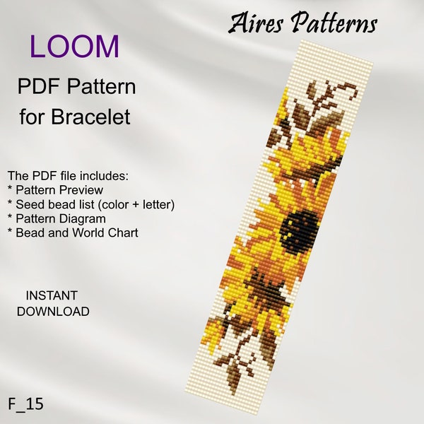 Sunflower PDF Bead loom bracelet yellow flower pattern, Miyuki Delica PDF Pattern, Beading instant download F_15