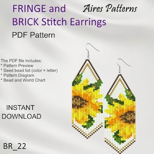 May include: A pair of beaded fringe earrings with a sunflower design. The earrings are made with yellow, brown, green, and white beads. The text on the image says "FRINGE and BRICK Stitch Earrings PDF Pattern".
