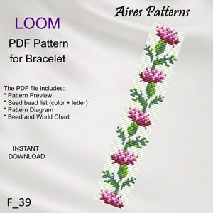 Puede incluir: Un patrón PDF para un diseño de pulsera. El diseño presenta un patrón floral con flores rosas, tallos y hojas verdes sobre un fondo blanco. El texto "LOOM PDF Pattern for Bracelet" es visible, junto con "Aires Patterns" y "INSTANT DOWNLOAD".