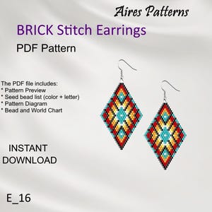 Puede incluir: Un patrón PDF para pendientes de punto de ladrillo. Los pendientes tienen forma de diamante con un diseño geométrico colorido en rojo, amarillo, turquesa y negro. El texto de la imagen dice "DESCARGA INSTANTÁNEA".