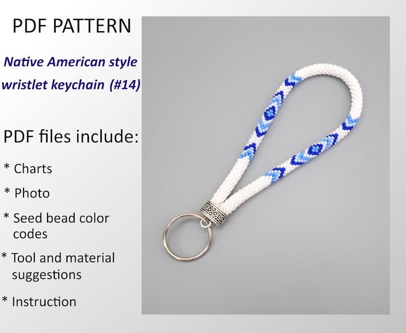 May include: White and blue beaded wristlet keychain with a silver key ring. The keychain is in a Native American style and is labeled "#14".