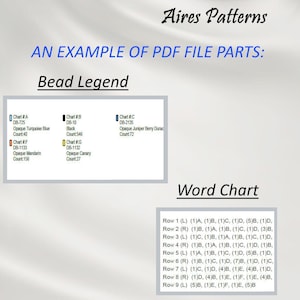 May include: A chart showing different bead colors and their corresponding codes and counts. The chart is titled "Bead Legend". Below the chart is a "Word Chart" with a list of rows and columns containing letters and numbers.
