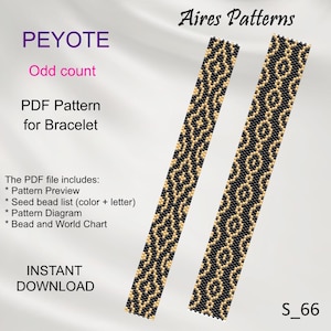 Op de afbeelding: Een digitaal downloadpatroon voor een peyote-armband. Het patroon is voor een armband met een oneven aantal en heeft een geometrisch ontwerp in zwart en goud. Het patroon bevat een voorbeeld, een zaadkraallijst, een diagram en een kralen- en wereldkaart. Het patroon is gemarkeerd met "S_66".