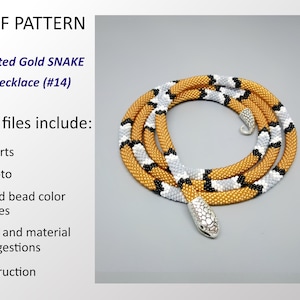 Schema PDF all&#39;uncinetto per collana a forma di serpente dorato, schema all&#39;uncinetto con perline, collana con perline, schema fai da te con motivo a serpente n. 14